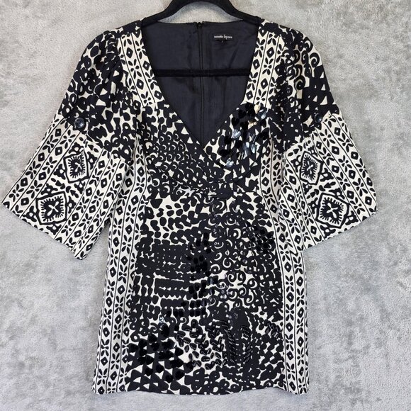 Nanette Lepore Tops - Vintage Nanette Lepore Blouse Womens 2 Black White Silk Sequin Embellished Boho